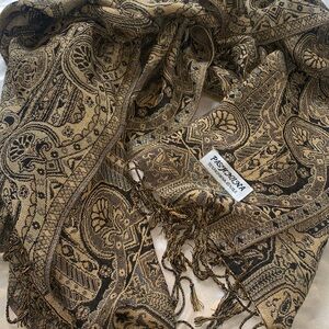 Black and Gold Pashmina Scarf | Paisley Metallic Cashmere Wool and Silk Scarf